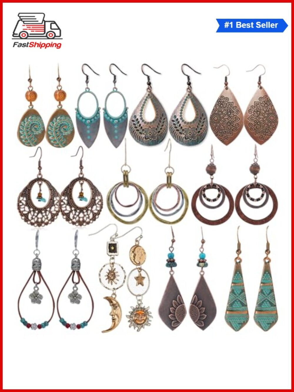 ✨ 11 Pairs Vintage Boho Dangle Earrings Set Teardrop Sun Moon Retro